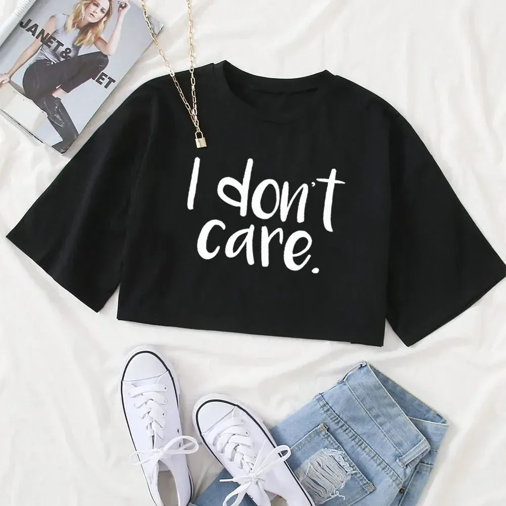 "I Don't Care" Print Crop Tee – Bold & Trendy Statement Piece
