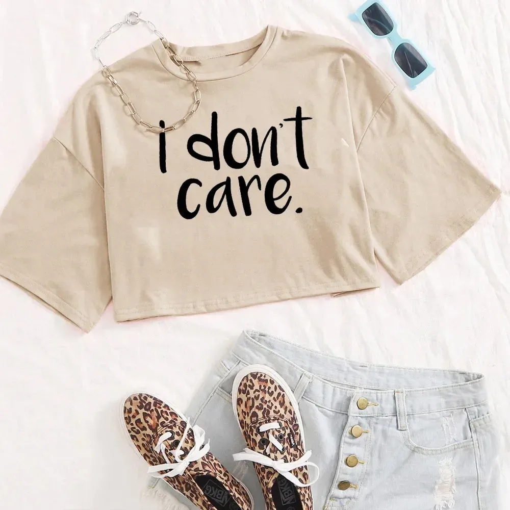 "I Don't Care" Print Crop Tee – Bold & Trendy Statement Piece