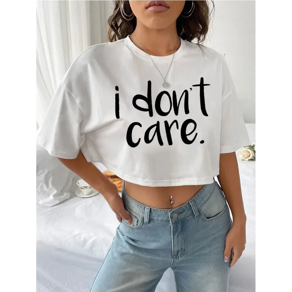 "I Don't Care" Print Crop Tee – Bold & Trendy Statement Piece