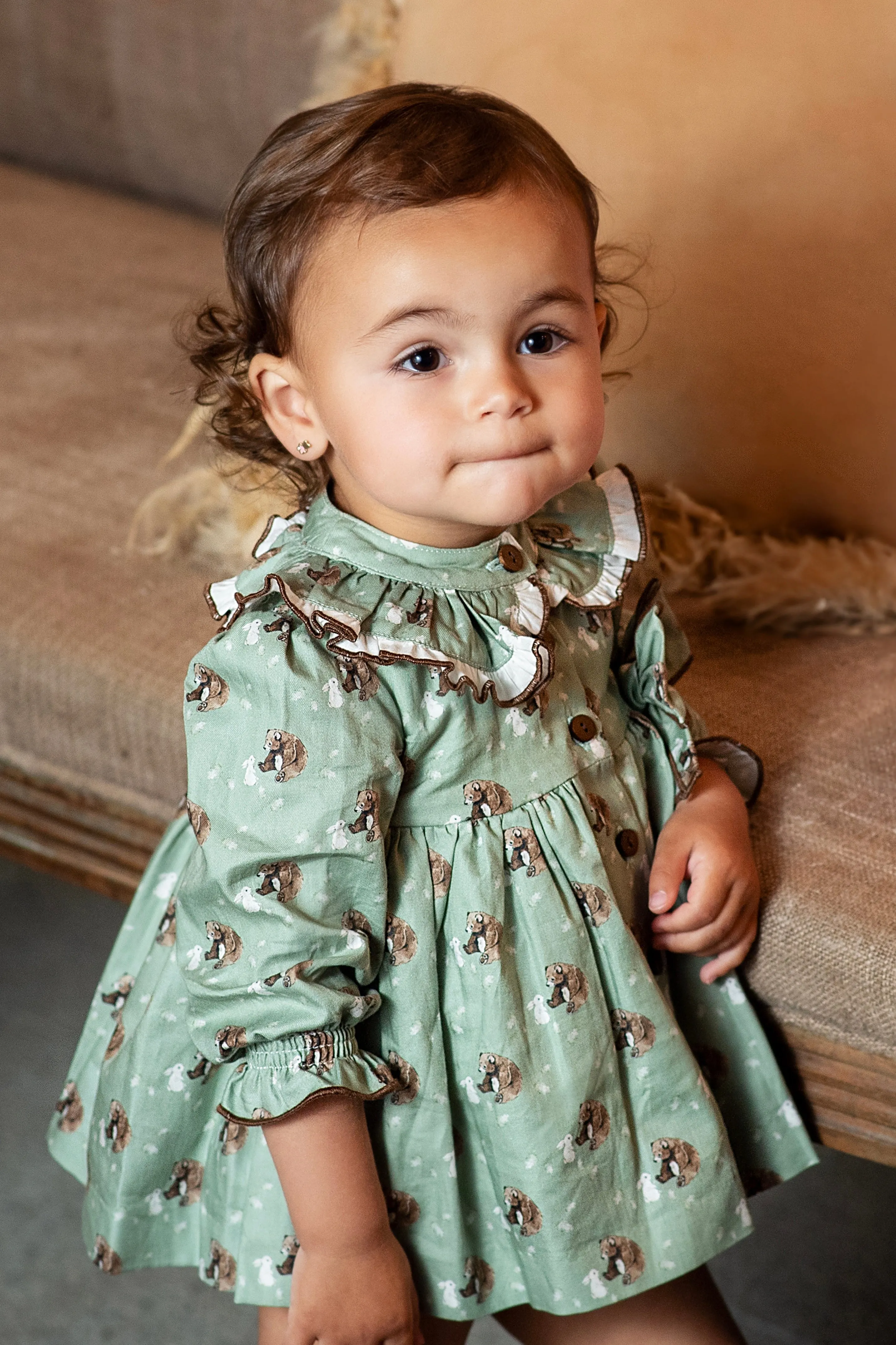 "Mimi" Sage Green Bear Dress & Bloomers