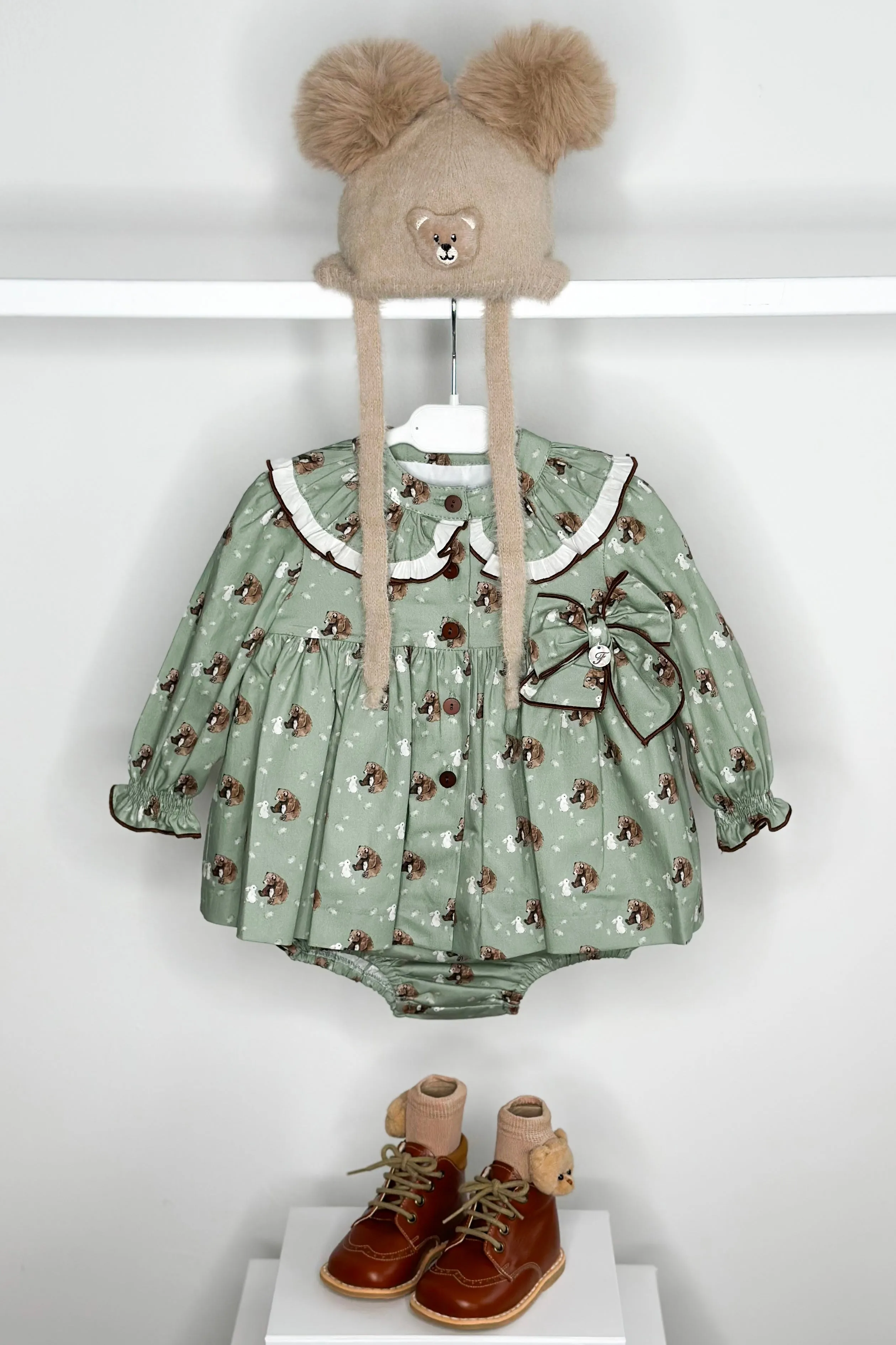 "Mimi" Sage Green Bear Dress & Bloomers