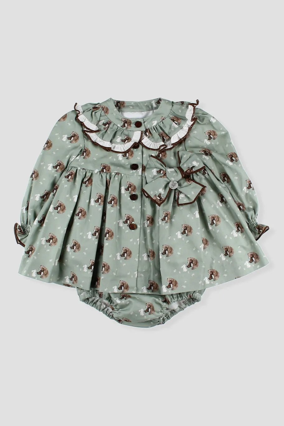 "Mimi" Sage Green Bear Dress & Bloomers