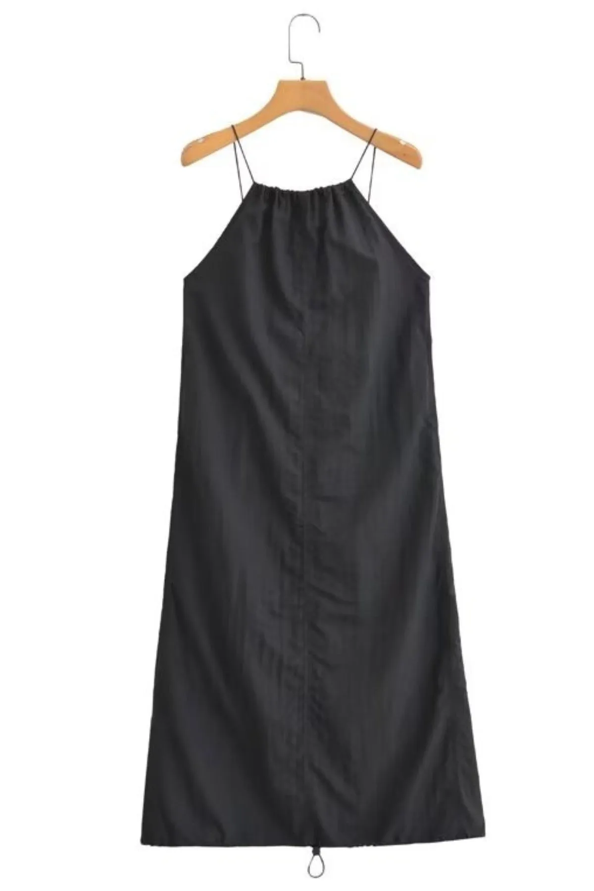 RAELYNN Halter Midi Parachute Dress W/ Toggle Drawstring Back & Hem (Black)