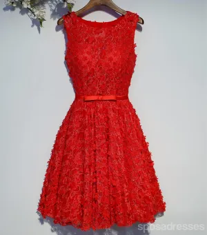 Red Lace Beaded Round Neckline Homecoming Prom Dresses, Affordable Corset Back Short Party Prom Dresses, Perfect Homecoming Dresses, CM253
