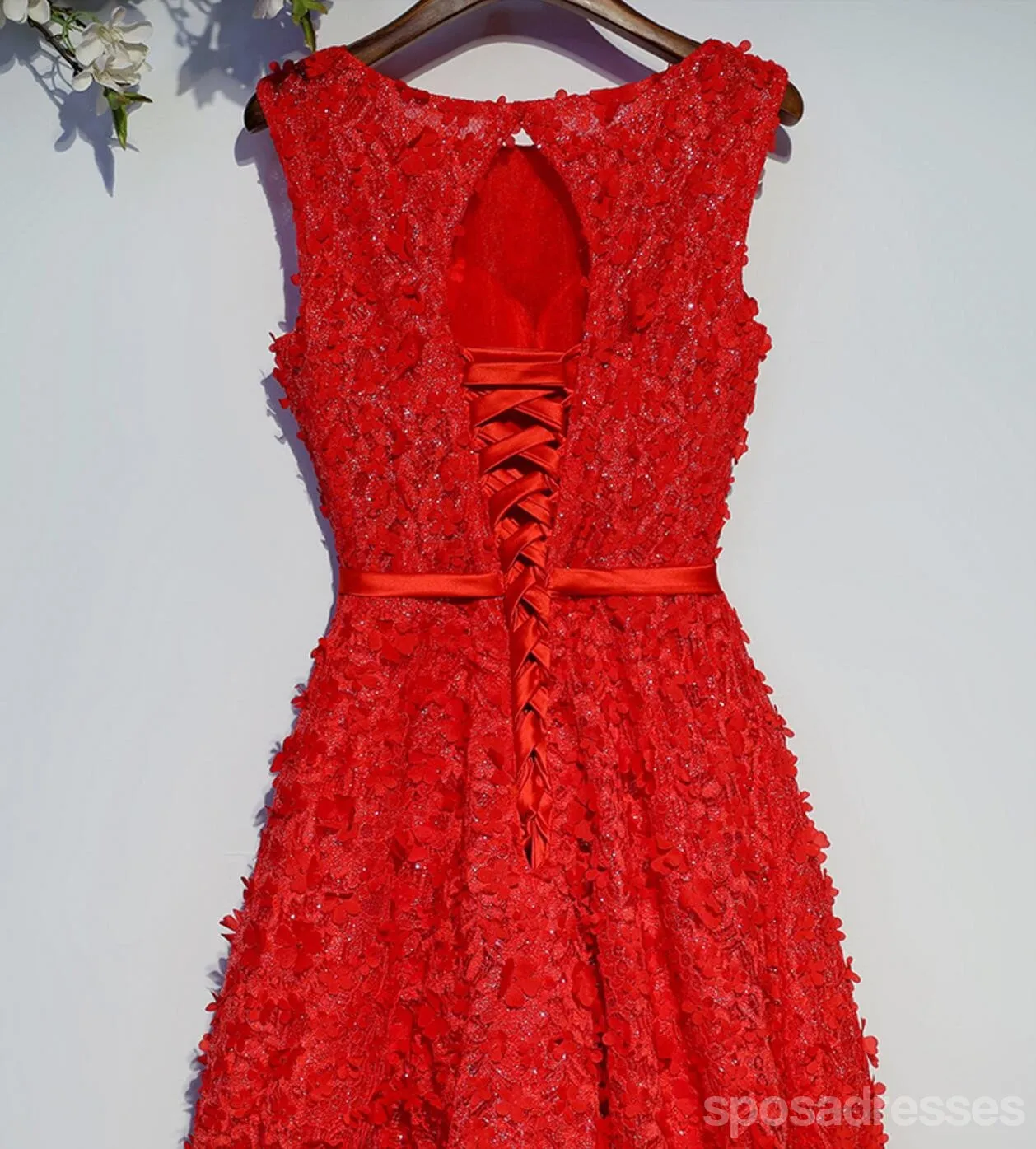 Red Lace Beaded Round Neckline Homecoming Prom Dresses, Affordable Corset Back Short Party Prom Dresses, Perfect Homecoming Dresses, CM253