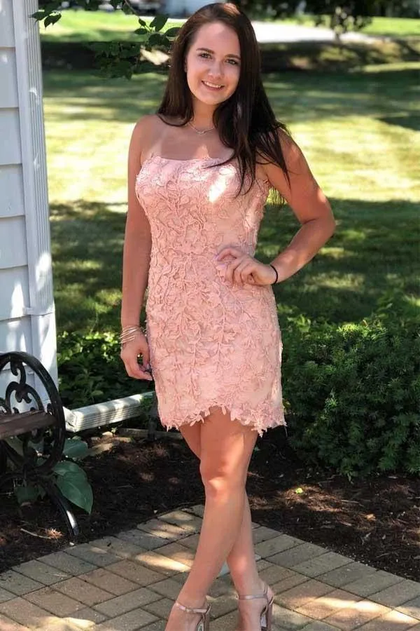 Red Lace Strapless Tight Short Homecoming Dresses, Graduation Dresses, SH612