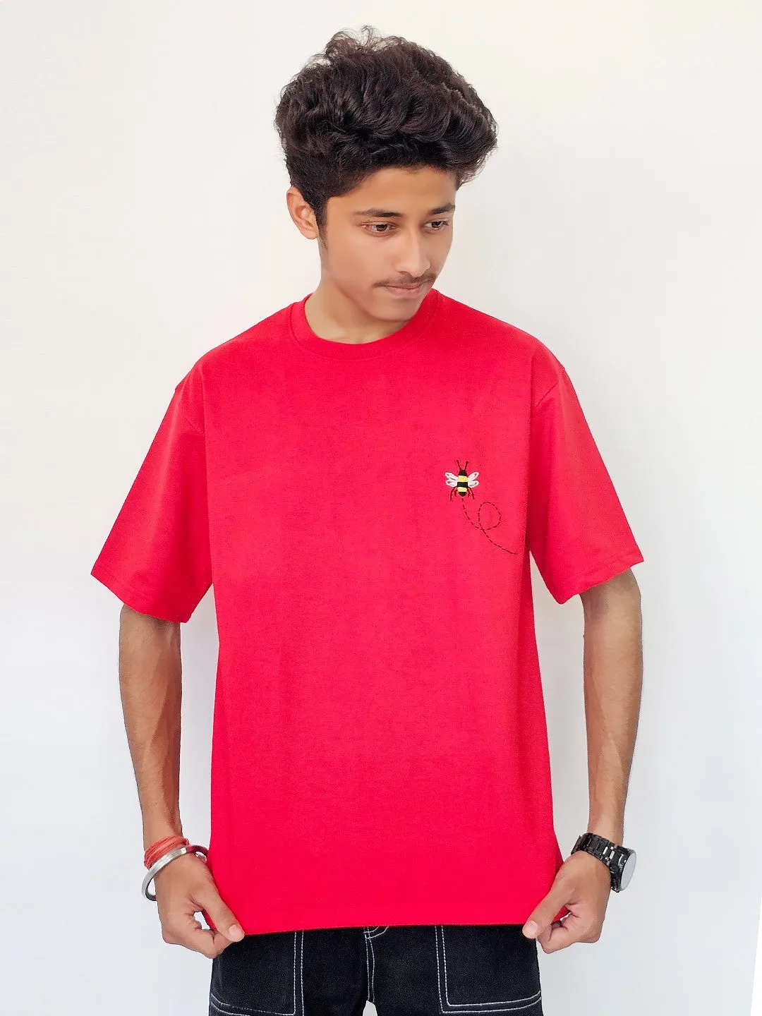 Red - Unisex Hand Embroidered Oversize T-Shirt