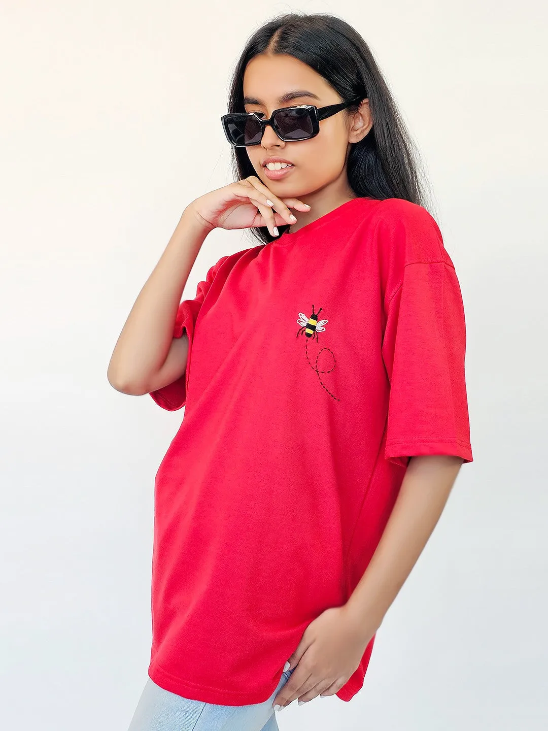 Red - Unisex Hand Embroidered Oversize T-Shirt