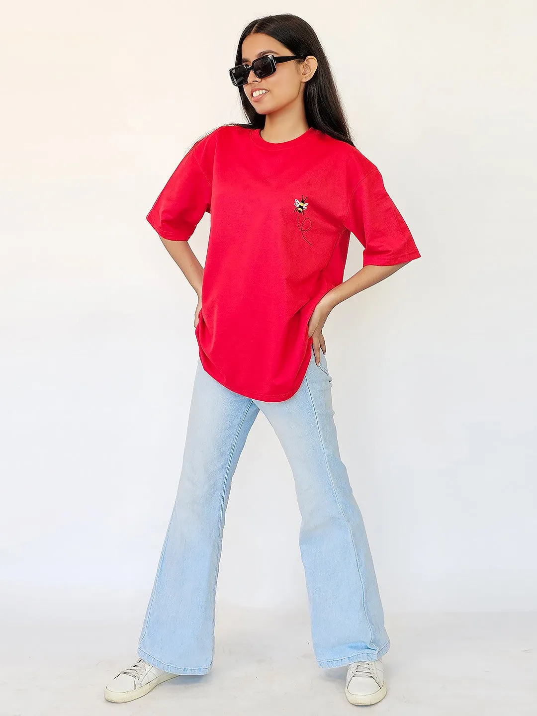 Red - Unisex Hand Embroidered Oversize T-Shirt