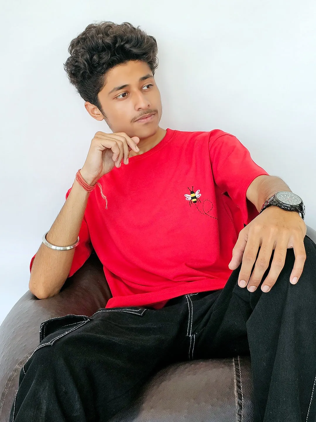 Red - Unisex Hand Embroidered Oversize T-Shirt