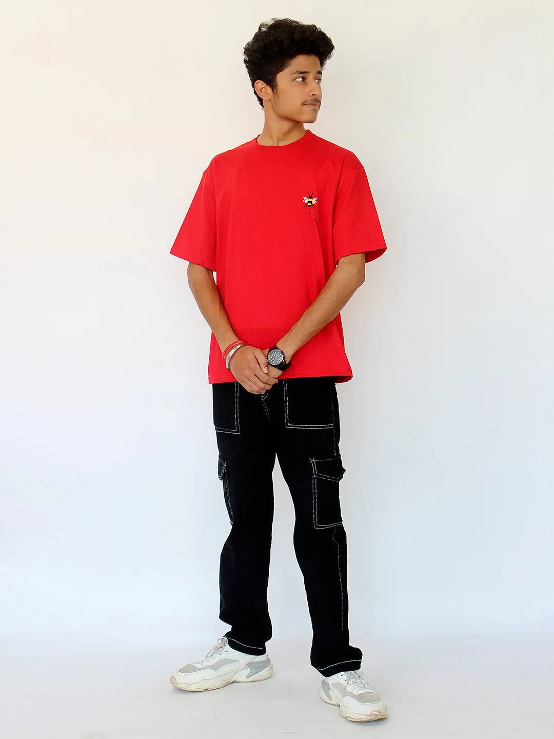 Red - Unisex Hand Embroidered Oversize T-Shirt