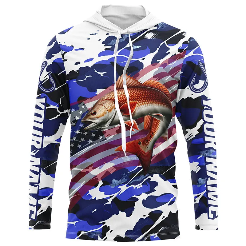 Redfish Fishing American Flag Blue Camo Custom Long Sleeve Shirts, Redfish Saltwater Fishing Shirts IPHW6508