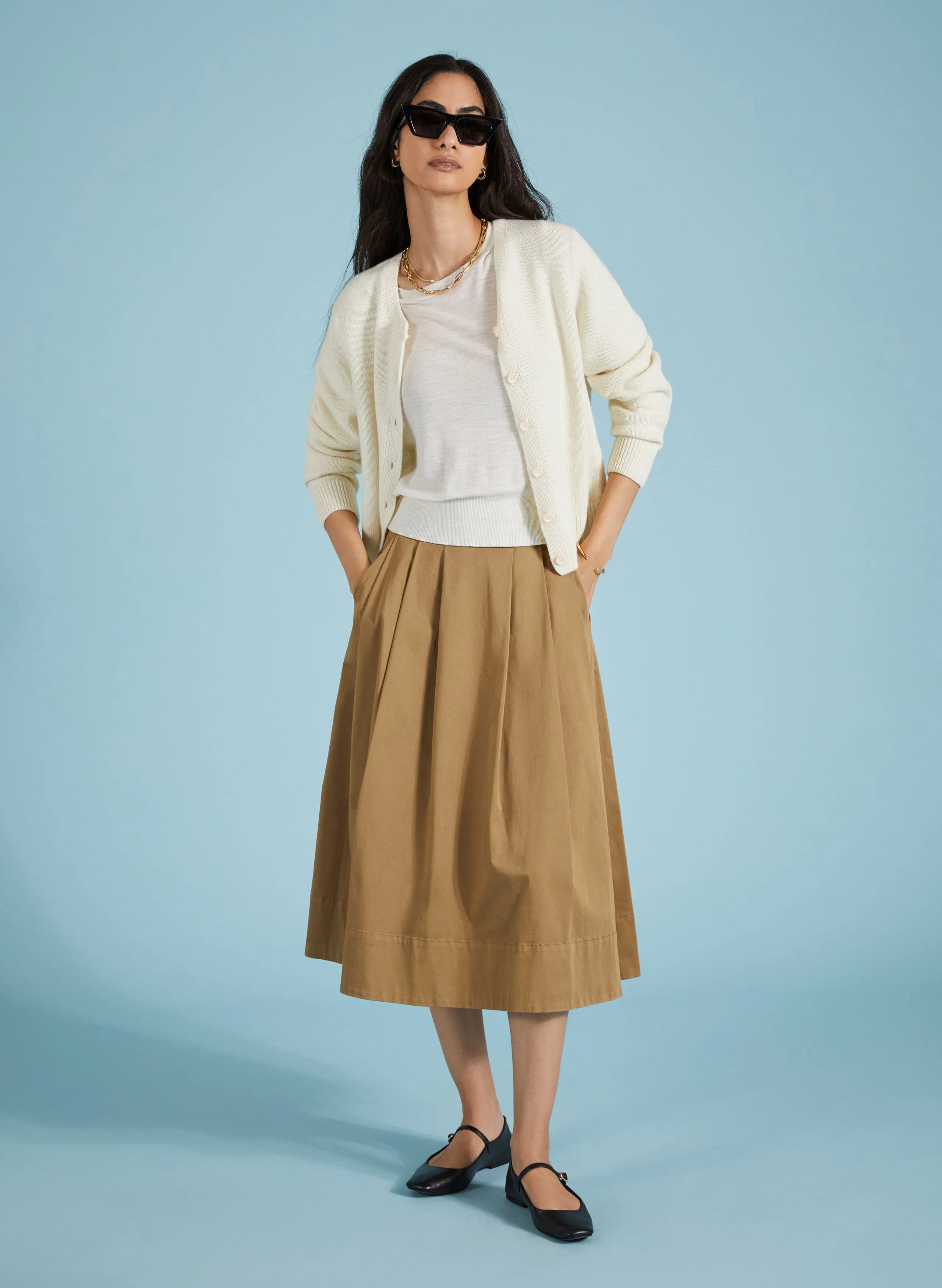 Renee Upcycled Cotton Pleated Midi Skirt | Taupe