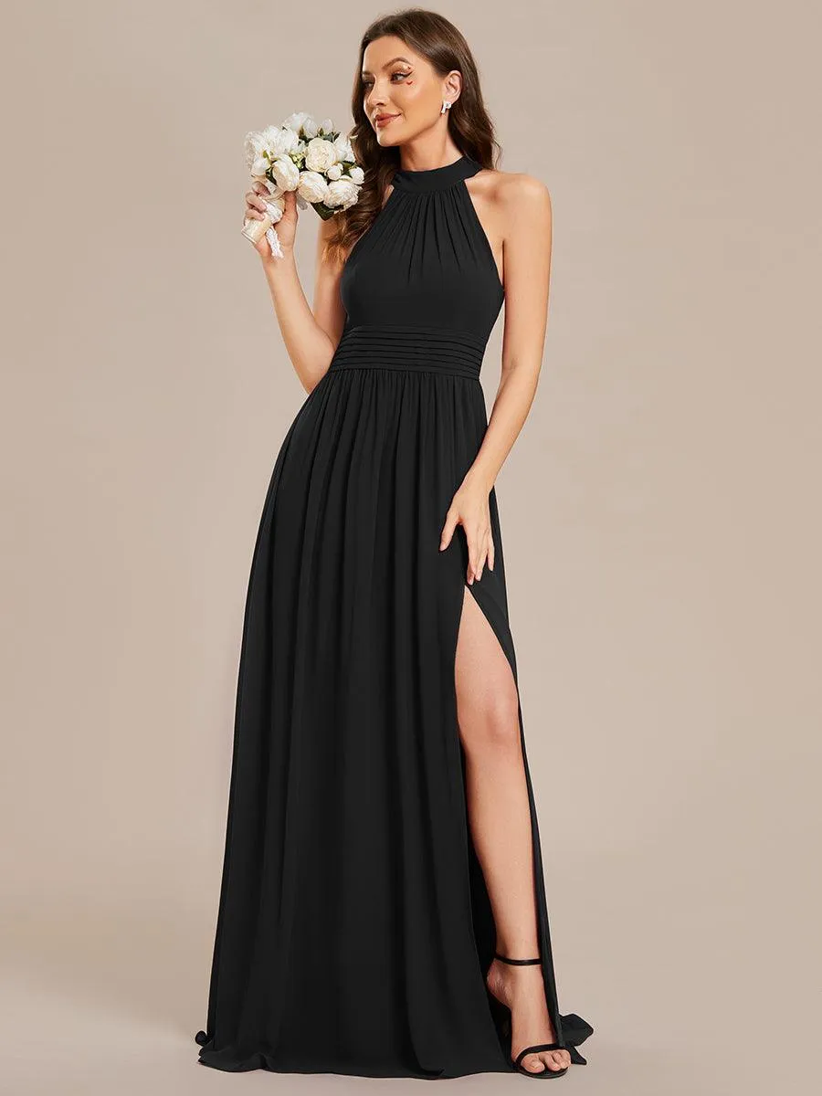 Robe De Demoiselle D'honneur Longue Plissée En Mousseline De Soie Bretelles Lico Sans Manches Ligne A Fente Haute(Vente finale)