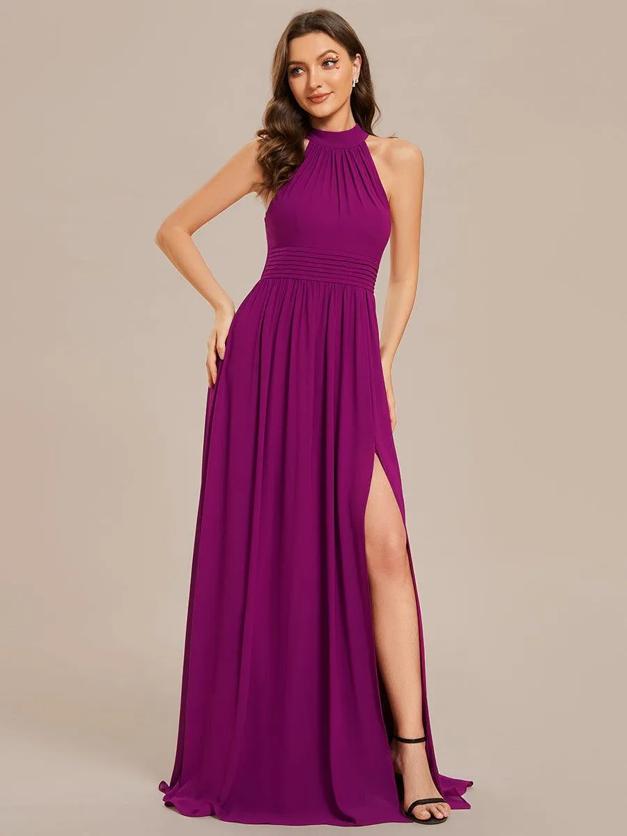 Robe De Demoiselle D'honneur Longue Plissée En Mousseline De Soie Bretelles Lico Sans Manches Ligne A Fente Haute(Vente finale)