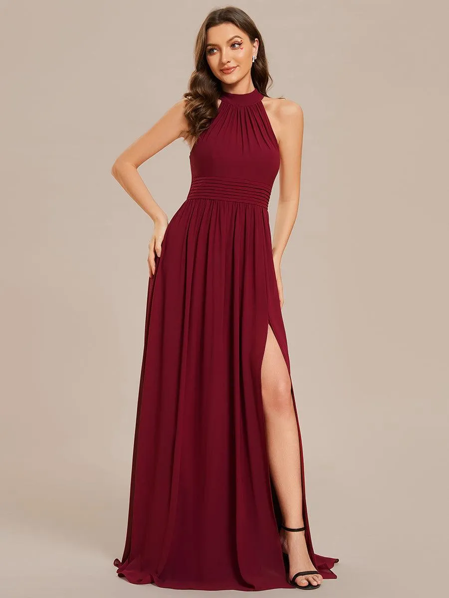 Robe De Demoiselle D'honneur Longue Plissée En Mousseline De Soie Bretelles Lico Sans Manches Ligne A Fente Haute(Vente finale)
