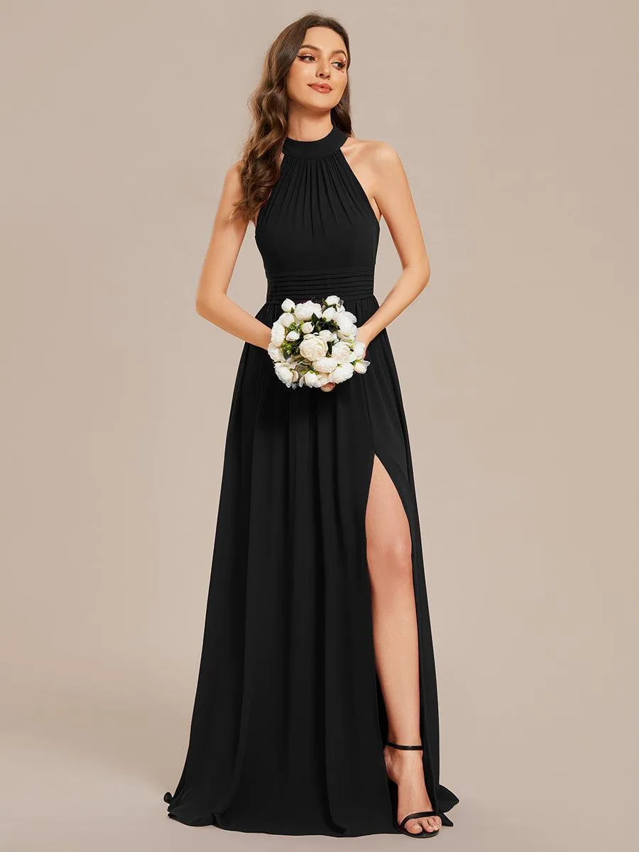 Robe De Demoiselle D'honneur Longue Plissée En Mousseline De Soie Bretelles Lico Sans Manches Ligne A Fente Haute(Vente finale)