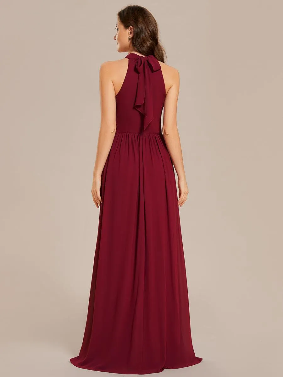 Robe De Demoiselle D'honneur Longue Plissée En Mousseline De Soie Bretelles Lico Sans Manches Ligne A Fente Haute(Vente finale)