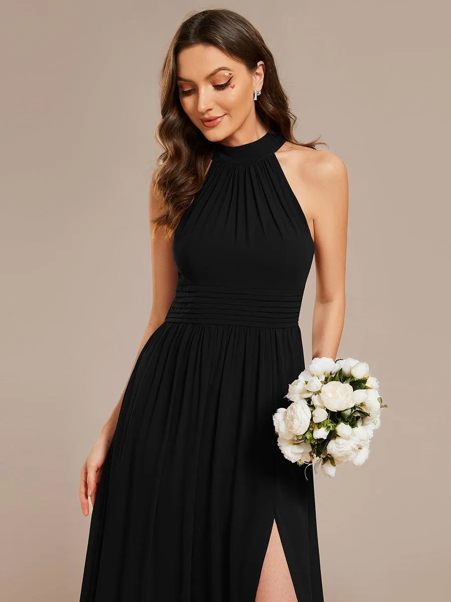 Robe De Demoiselle D'honneur Longue Plissée En Mousseline De Soie Bretelles Lico Sans Manches Ligne A Fente Haute(Vente finale)