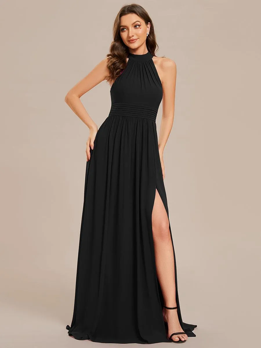 Robe De Demoiselle D'honneur Longue Plissée En Mousseline De Soie Bretelles Lico Sans Manches Ligne A Fente Haute(Vente finale)