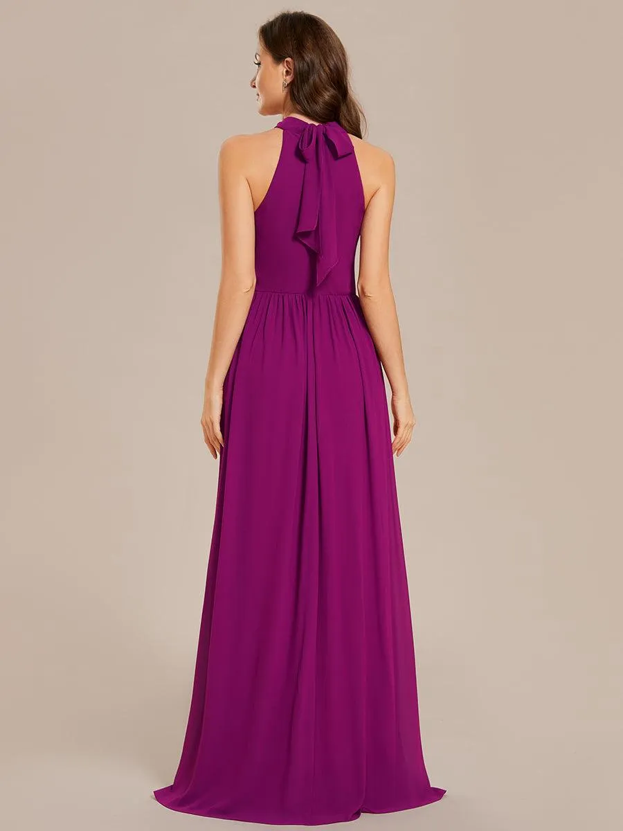 Robe De Demoiselle D'honneur Longue Plissée En Mousseline De Soie Bretelles Lico Sans Manches Ligne A Fente Haute(Vente finale)