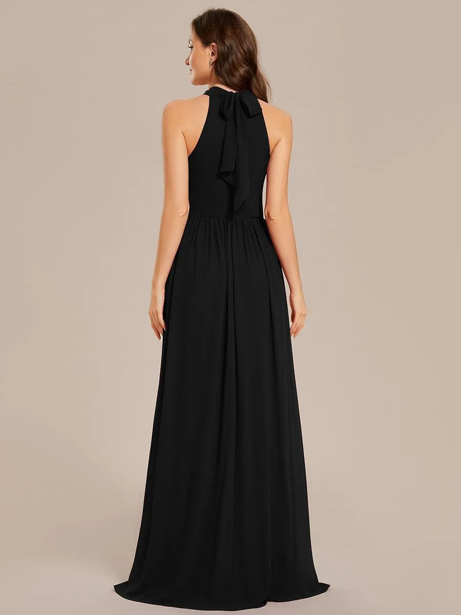 Robe De Demoiselle D'honneur Longue Plissée En Mousseline De Soie Bretelles Lico Sans Manches Ligne A Fente Haute(Vente finale)