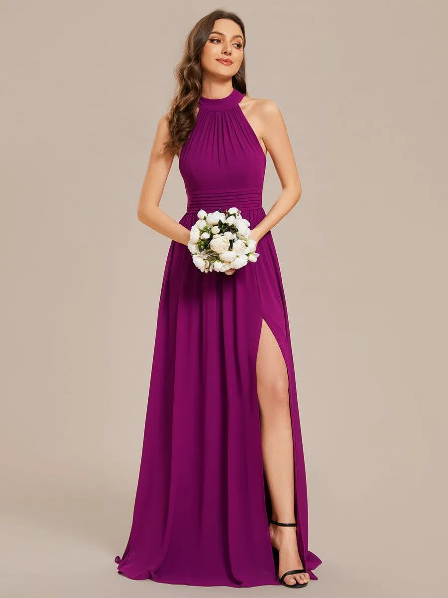 Robe De Demoiselle D'honneur Longue Plissée En Mousseline De Soie Bretelles Lico Sans Manches Ligne A Fente Haute(Vente finale)