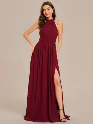 Robe De Demoiselle D'honneur Longue Plissée En Mousseline De Soie Bretelles Lico Sans Manches Ligne A Fente Haute(Vente finale)