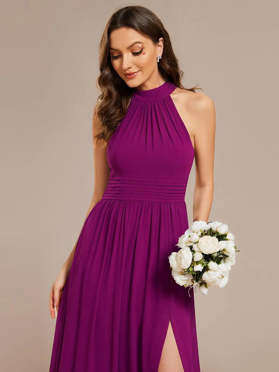 Robe De Demoiselle D'honneur Longue Plissée En Mousseline De Soie Bretelles Lico Sans Manches Ligne A Fente Haute(Vente finale)