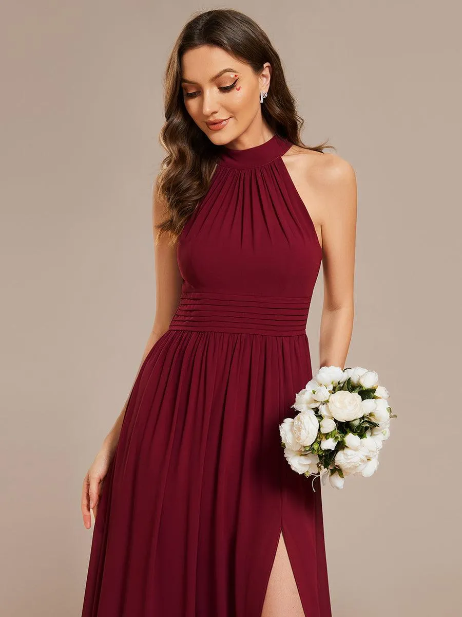 Robe De Demoiselle D'honneur Longue Plissée En Mousseline De Soie Bretelles Lico Sans Manches Ligne A Fente Haute(Vente finale)