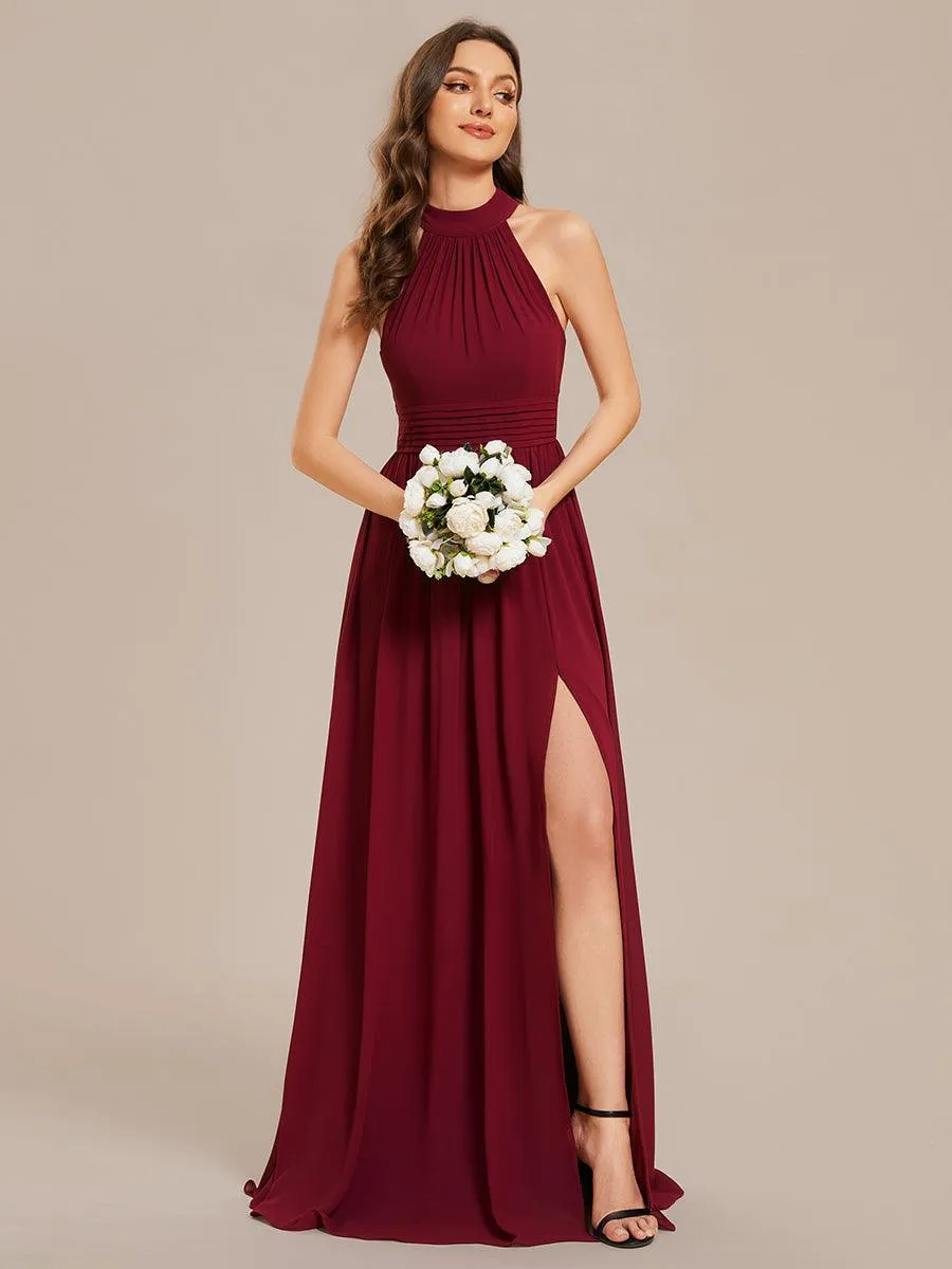 Robe De Demoiselle D'honneur Longue Plissée En Mousseline De Soie Bretelles Lico Sans Manches Ligne A Fente Haute(Vente finale)
