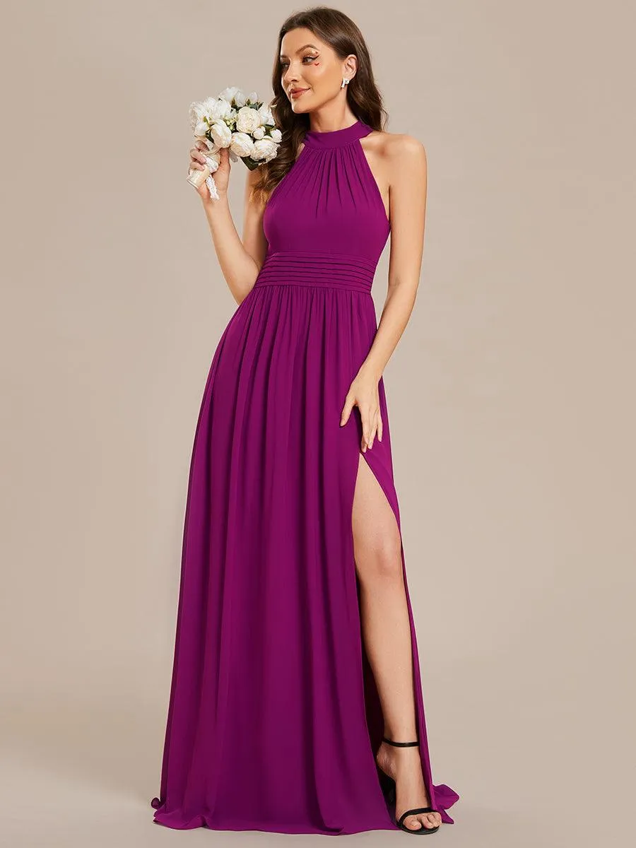 Robe De Demoiselle D'honneur Longue Plissée En Mousseline De Soie Bretelles Lico Sans Manches Ligne A Fente Haute(Vente finale)