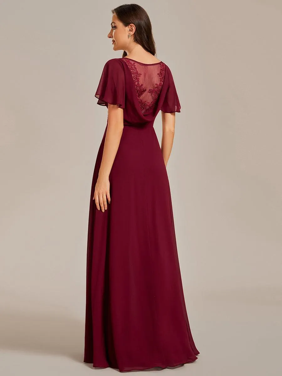 Robe de soirée trapèze à manches à volants et col rond transparent au dos