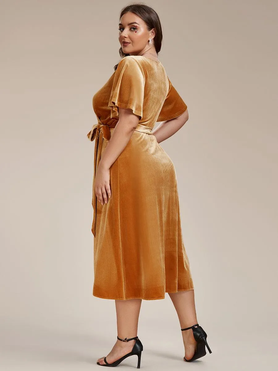 Robe d'invité de mariage mi-longue en velours type une pièce manches courtes col en V