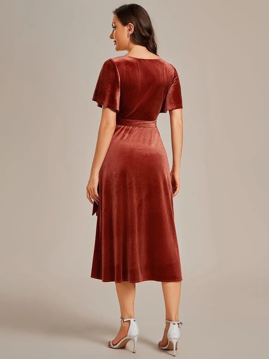 Robe d'invité de mariage mi-longue en velours type une pièce manches courtes col en V