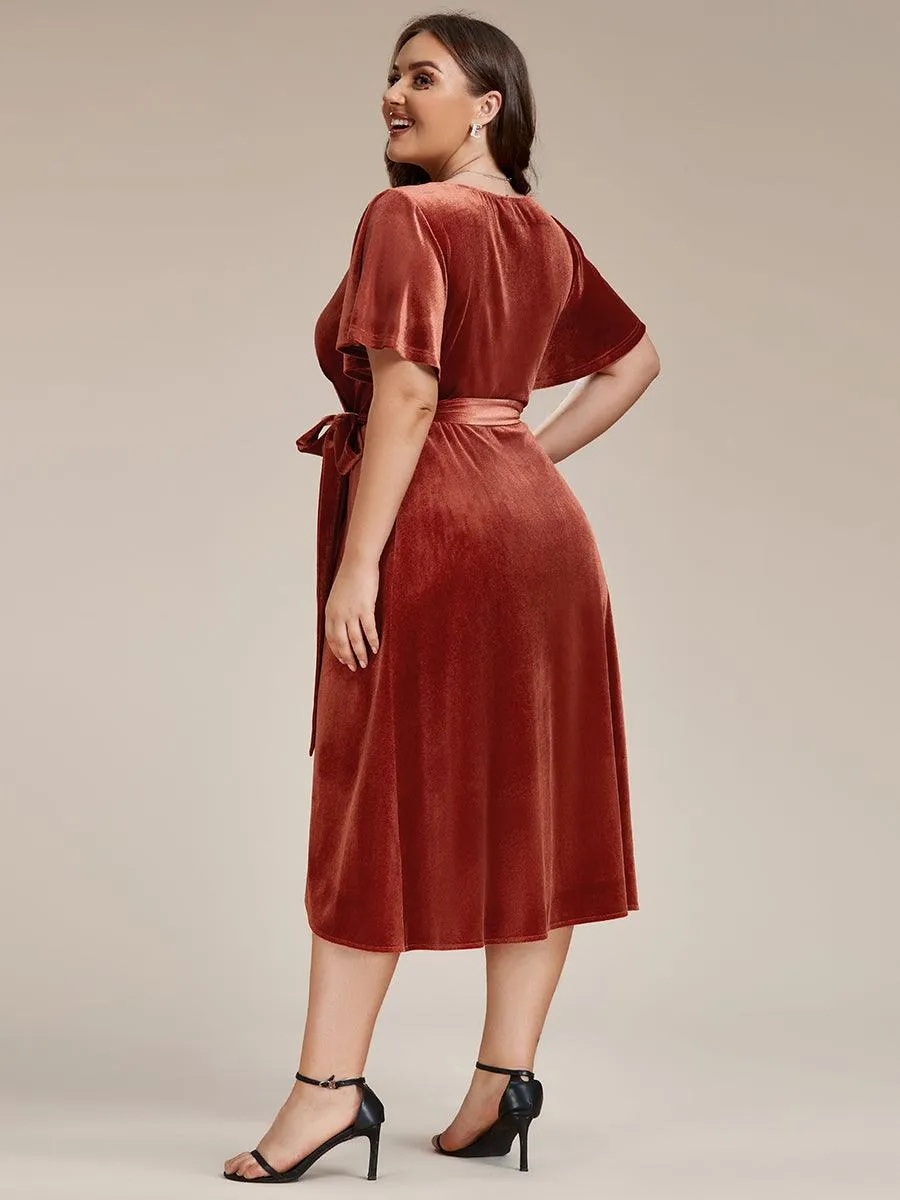 Robe d'invité de mariage mi-longue en velours type une pièce manches courtes col en V