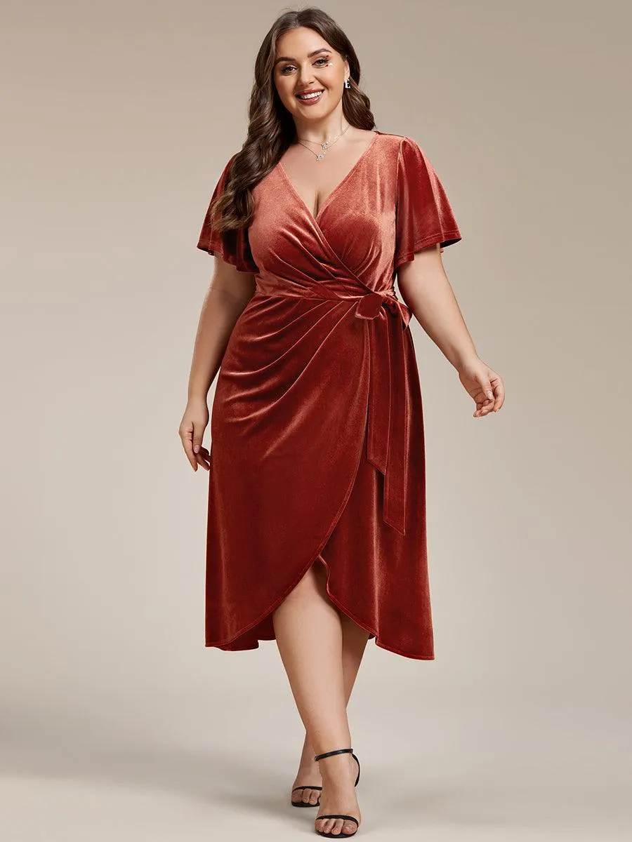 Robe d'invité de mariage mi-longue en velours type une pièce manches courtes col en V