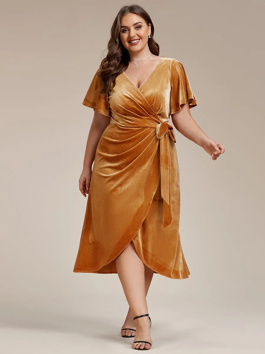 Robe d'invité de mariage mi-longue en velours type une pièce manches courtes col en V