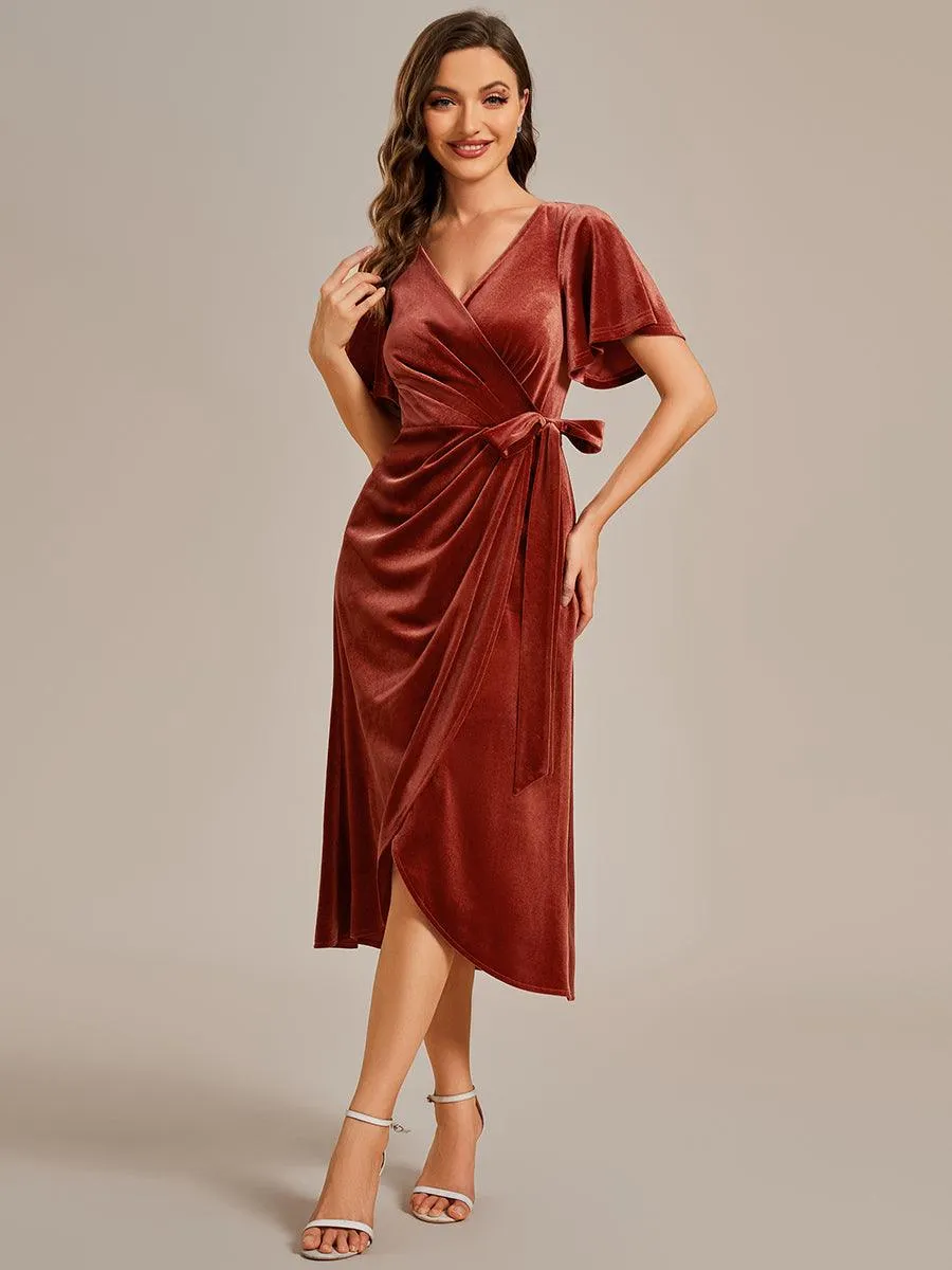 Robe d'invité de mariage mi-longue en velours type une pièce manches courtes col en V
