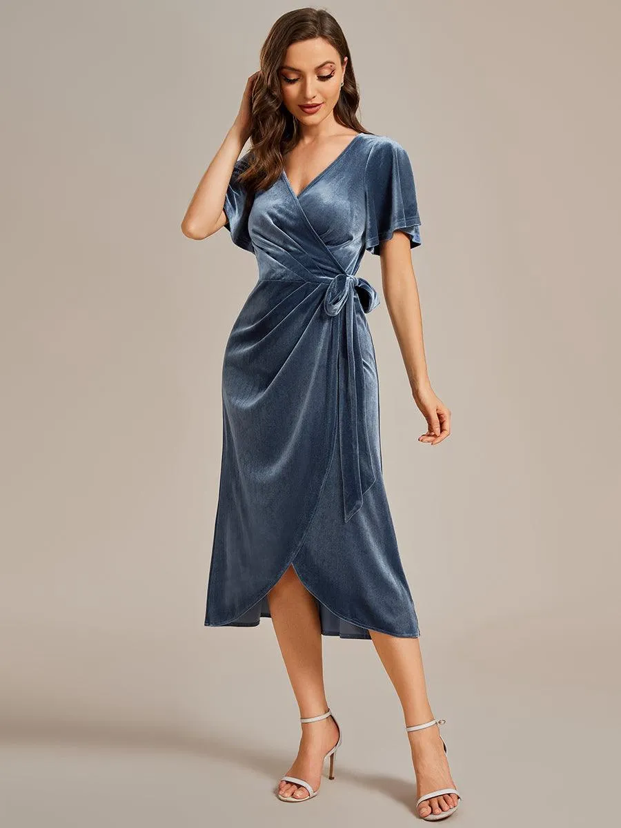 Robe d'invité de mariage mi-longue en velours type une pièce manches courtes col en V