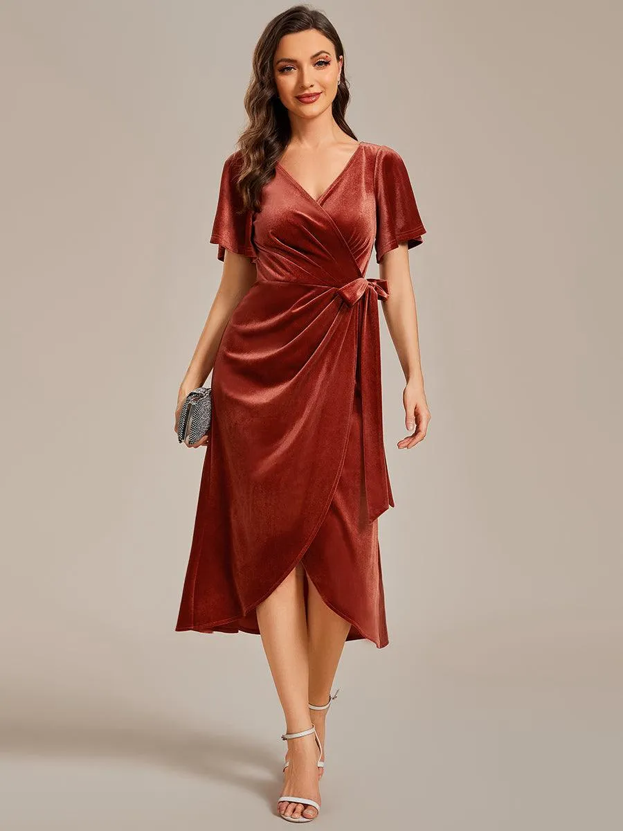 Robe d'invité de mariage mi-longue en velours type une pièce manches courtes col en V