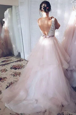Roycebridal Light Pink Tulle Ball Gown V-neck Lace Wedding Dresses, Bridal Gowns, MW719