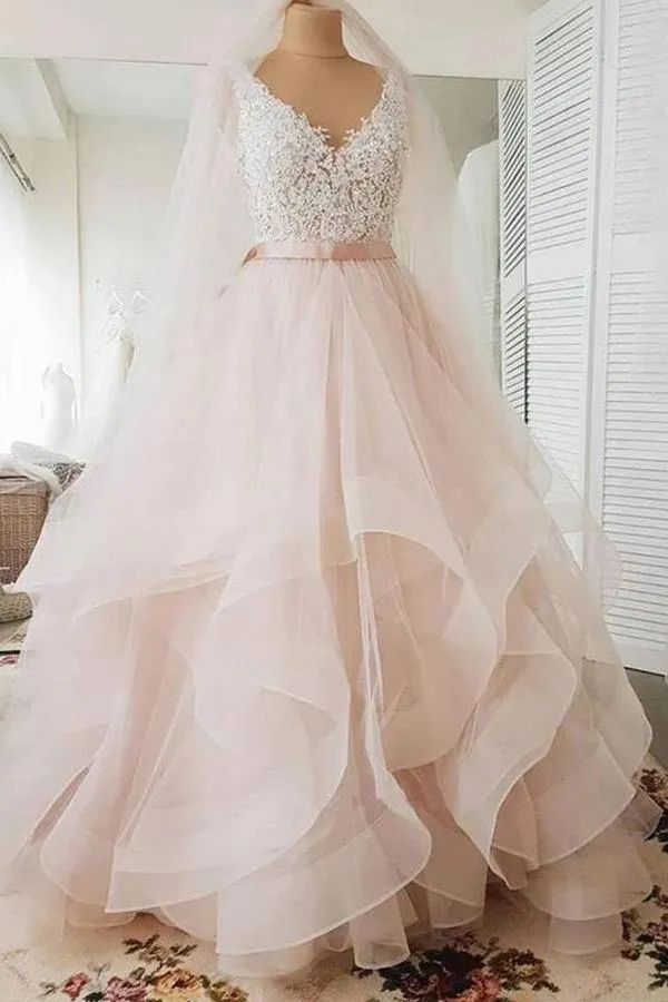 Roycebridal Light Pink Tulle Ball Gown V-neck Lace Wedding Dresses, Bridal Gowns, MW719