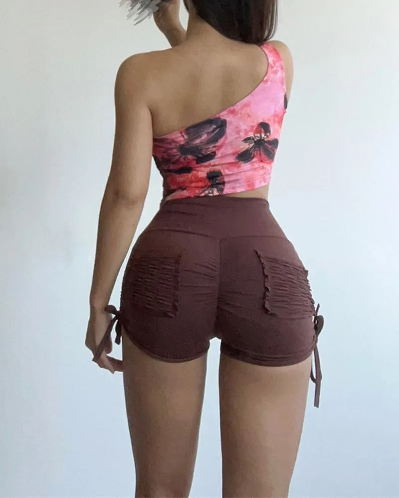 Ruched Drawstring High Waist Active Shorts