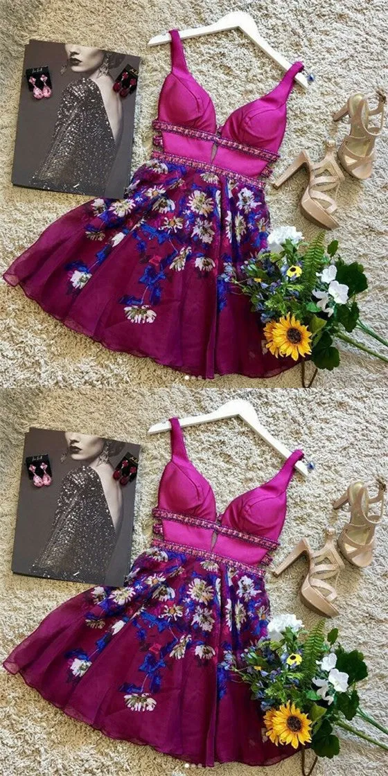 Sexy Deep V-Neck Short Floral Chiffon Homecoming Dresses with Beading, QB0064