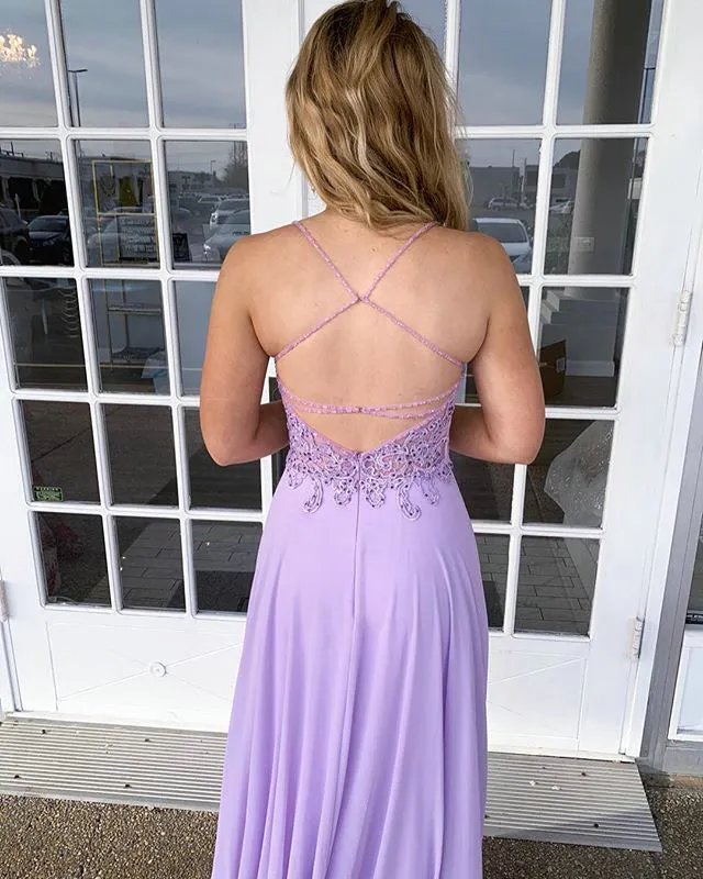 Sexy Light Purple Chiffon A-line Prom Dresses with Lace Appliques Long Prom Gowns Backless