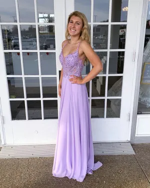 Sexy Light Purple Chiffon A-line Prom Dresses with Lace Appliques Long Prom Gowns Backless
