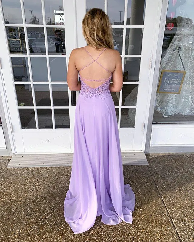 Sexy Light Purple Chiffon A-line Prom Dresses with Lace Appliques Long Prom Gowns Backless