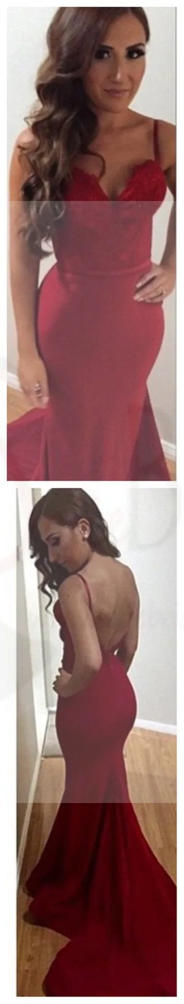 Sexy Red Spaghetti Straps Backless Popular Mermaid Prom Dresses PD0125