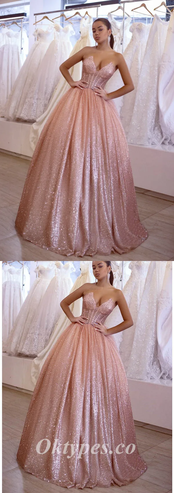 Sexy Shiny Pink Sequin Tulle Sweetheart V-Neck Sleeveless A-Line Long Prom Dresses,PDS0666